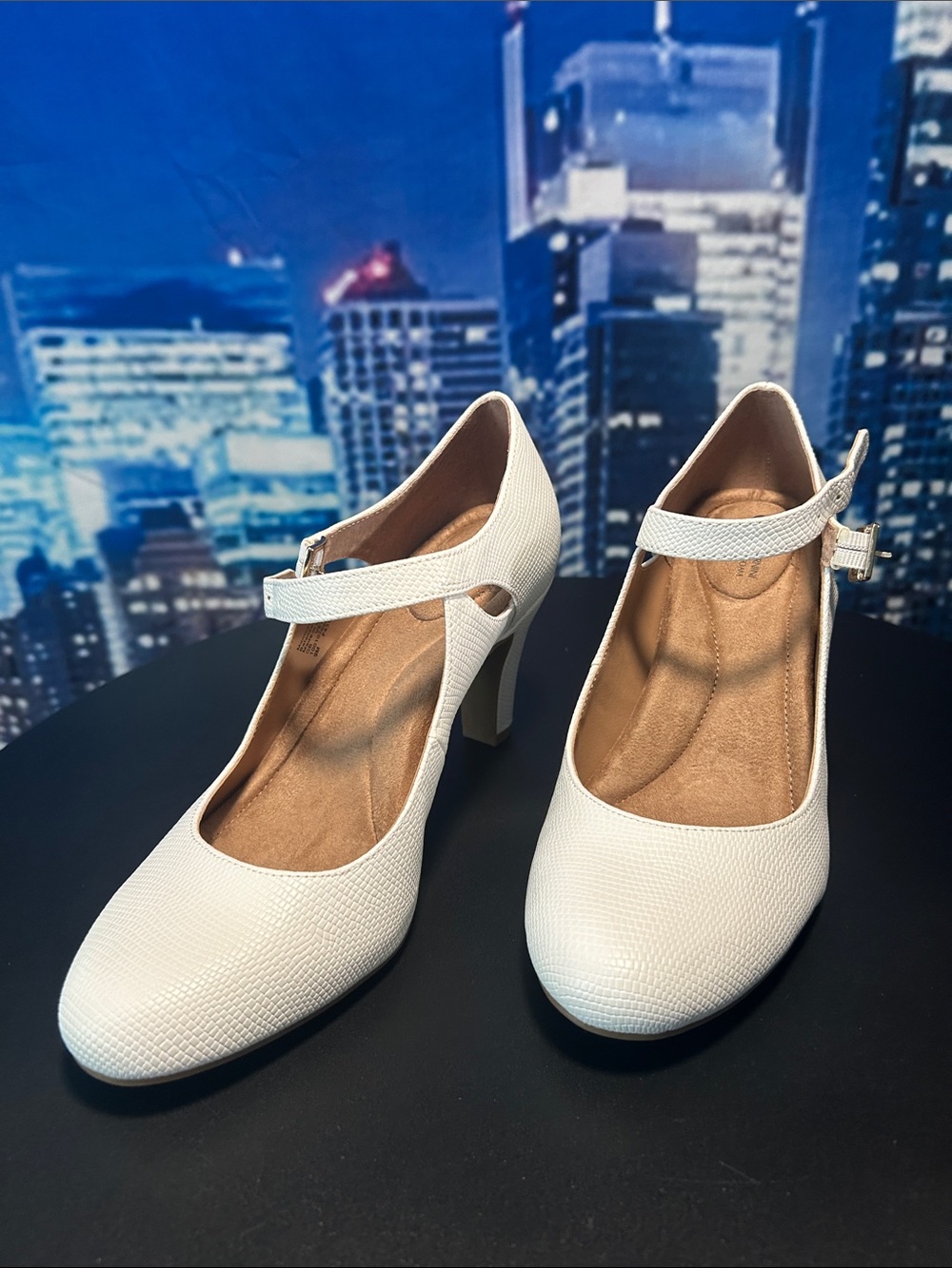 Giani Bernini White Textured Mary Jane Heels with Ankle Strap